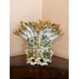 Coalbrookdale fan shaped vase encrusted with flowers. A/F 12" wide