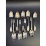 Nine various fiddle pattern Victorian teaspoons. 200 gms