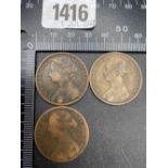 Three Victorian Bun Head pennies 1865, 1879, 1893