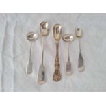 Five various cruet spoons including a shovel by AL, 77g