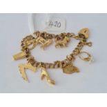 A CHARM BRACELET WITH EIGHT VARIOUS CHARMS CAT DOG MOBILE PHONE ETC, 9CT – 13.7 GMS