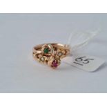 Vintage emerald, ruby & pearl rose gold floral ring size P 2.4g inc A/F