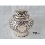 Victorian embossed tea caddy with a pull off cover. 3.25” high. Birmingham 1888. By G N, R H.