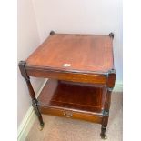A reproduction mahogany two tier wot-not with drawer and brass casters, 18" wide