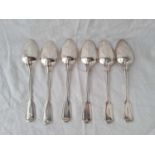 Set of six William IV plain fiddle thread table spoons. London 1837 by M C. 530gms