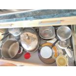 Drawer of saucepans, kitchen scales etc