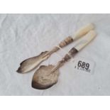 A butter knife and jam spoon with mounted MOP handles – Birmingham 1921