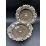 Pair of Victorian Sheffield plated wine coasters decorated with wine motives