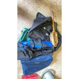 Holdalls and tennis racket
