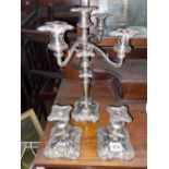 Five light candleabra and two pairs of candlesticks