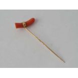 Antique Victorian coral mounted 15ct stickpin, 5.1g, total length 80mm