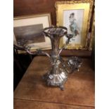 Old Sheffield plated centre piece with three branches and scroll feet. 20” high