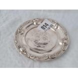 Circular pin dish embossed with angel heads . Birmingham 1905 by C H. 4.25” diam