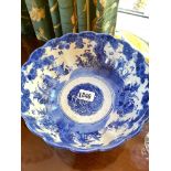 Chinese blue and white bowl decorated with figures. Wood stand 8.5 inch diameter