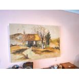 Oil painting by Anita Fraser Winter landscape with house. 23" x 33" (flaking)