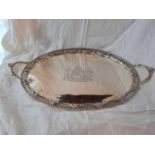 Good George III oval tray with pierced decorated rim and handles and coat of arms to centre. 29”