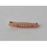 Antique oval 14ct pink enamelled pearl set bar brooch