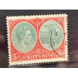 ST KITTS-NEVIS SG77a (1943). 5sh grey-green and scarlet fine used. Cat £50