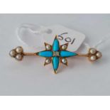 Antique15ct marked turquoise & pearl set bar brooch with centre star motif