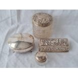 Oval ring box ( no interior) an oblong box (holey) and two mounted jars.113gms net