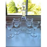 Liquer set with glass decanter, six glasses and other items