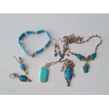 A quantity of silver turquoise jewellery including Chinese bracelet three necklaces and two pairs of