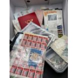 MISC. Large box of covers (inc GB) sheets st. book, world stamps in packets (sorted) etc Q.