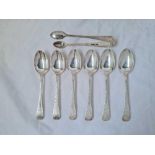A set of six fancy tea spoons and a pair of tongs engraved with scrolls, Sheffield 1895 by JR, 143g