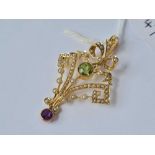 ANTIQUE EDWARDIAN SUFFRAGETTE PENDANT, 15CT STAMPED, SET WITH PEARLS, AMETHYST & PERIDOT, HEIGHT