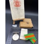 1945 defence medal and ribbons and letter, boxed unc