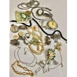 Selection of costume jewellery with pocket watches ,sterling silver chains & brooch etc .