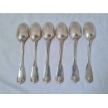 A set of six fiddle thread and shell crested tea spoons, London 1832 by WC, 219g