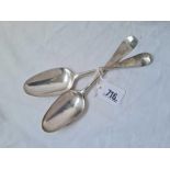 A pair of George II Hanoverian pattern table spoons with shell back bowls, probably London 1748,