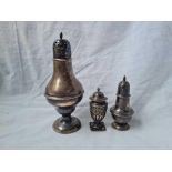 A baluster shaped sugar caster and two pepper casters – 131 g.