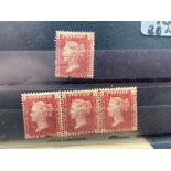 GB 1d red plates nos 197 (single) 205 (trio) fault on t. all u/m (4)