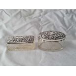 An oval embossed top jar and a rectangular example, Birmingham 1904 for both