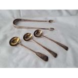 A pair of Georgian bright cut sugar tongs and three Georgian salt spoons, 1819/24 etc
