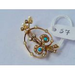 A EDWARDIAN DIAMOND TURQUOISE AND PEARL BROOCH 15CT GOLD TESTED