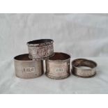 A group of four Victorian and other napkin rings, one 1877 by Barnard brothers, 106 g.