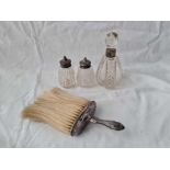 A mounted crumb brush, a scent bottle and two cruets