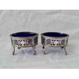 An attractive pair of George III oval salts with pierced sides, beaded rims, 3” wide, London 1778 by