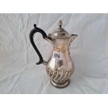 A late Victorian coffee jug with half fluted body flame finial to cover, 8” high, London 1899, 403