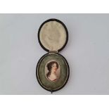 A early Victorian hand painted miniature on porcelain in fitted box