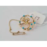 A antique turquoise and pearl shamrock brooch 15ct gold