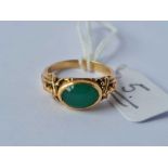 A Victorian jadeite stone ring set in gold with fancy shoulders size K 3.4 gms