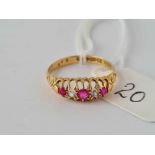 A antique red gem and diamond five stone ring 18ct gold size O 2.4 gms