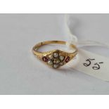 A Victorian high carat gold pearl and ruby cluster ring, size O, A/F shank