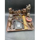 An unusual Japanese ink stand with carved stone figures and animals, 12.5" wide