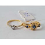 A solitaire diamond ring and sapphire and diamond ring, both 18ct, both size M, 5.0 g.