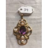 A amethyst and pearl pendant 9ct 6 gms